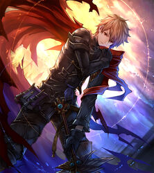  1boy :| belt bird black_gloves black_pants brown_hair cape castle closed_mouth cloud cloudy_sky commentary_request cosplay dusk eyebrows flag gideon_(lord_of_vermillion) gideon_(lord_of_vermillion)_(cosplay) gloves gran_(granblue_fantasy) granblue_fantasy hair_between_eyes hand_on_own_shoulder holding holding_sword holding_weapon long_sleeves loose_belt lord_of_vermilion lord_of_vermilion_iii male_focus orange_eyes pants photoshop_(medium) pouch red_cape revision short_hair sky solo sword tenyo0819 torn_cape torn_clothes v-shaped_eyebrows weapon 