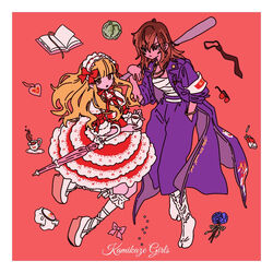  2girls armband baseball_bat blonde_hair bracelet brown_eyes brown_hair copyright_name cup frills hairband hand_in_pocket highres holding holding_cup jacket jewelry lolita_fashion lolita_hairband long_hair long_jacket multicolored_hair multiple_girls over_shoulder pants parasol pink_background platform_footwear ryo00123 ryuugasaki_momoko sarashi shimotsuma_monogatari shirayuri_ichigo streaked_hair teacup umbrella 