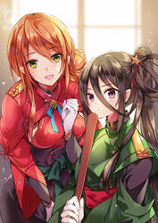  07touka25 2girls asymmetrical_sidelocks black_hair black_skirt brown_hair closed_mouth commentary dress epaulettes folding_fan gloves green_dress green_eyes green_sash hair_bun hair_ornament hair_strand hand_fan hand_up heishishourinken_(tenka_hyakken) highres holding holding_fan indoors military military_uniform multiple_girls open_mouth purple_eyes red_dress red_sash sash shichiseiken_(tenka_hyakken) side_ponytail single_hair_bun skirt smile star_(symbol) tenka_hyakken uniform v-shaped_eyebrows white_gloves window 