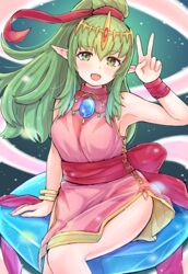  alternate_costume bare_shoulders blush bracelet commentary cosplay dragonstone dress female fire_emblem fire_emblem:_mystery_of_the_emblem fire_emblem_awakening fire_emblem_heroes gem green_eyes green_hair hair_between_eyes hair_ornament hair_ribbon high_ponytail highres jewelry kutabireta_neko long_hair looking_at_viewer official_alternate_costume open_mouth pelvic_curtain pink_dress pointy_ears ponytail red_ribbon ribbon sash side_slit sidelocks sitting sleeveless sleeveless_dress smile solo thighs tiara tiki_(adult)_(fated_divinity)_(fire_emblem) tiki_(adult)_(fire_emblem) tiki_(fire_emblem) tiki_(young)_(fire_emblem) tiki_(young)_(fire_emblem)_(cosplay) v 