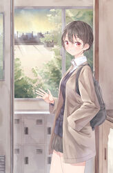  12_graka absurdres backpack bag black_hair black_skirt brown_coat classroom coat commentary day female grin hand_in_pocket highres locker long_neck original red_eyes school_uniform short_hair skirt smile solo standing uniform window 