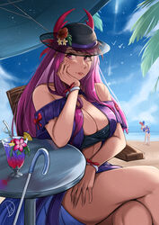  2girls absurdres alear_(female)_(fire_emblem) alear_(fire_emblem) alternate_hairstyle bare_shoulders beach black_headwear blue_hair blue_one-piece_swimsuit blue_sky breasts casual_one-piece_swimsuit cleavage cloud commentary cup day deliciousbrain drinking_glass fire_emblem fire_emblem_engage fire_emblem_heroes flower hand_up hat hat_flower highres ivy_(fire_emblem) ivy_(summer)_(fire_emblem) large_breasts long_hair looking_at_viewer multicolored_hair multiple_girls official_alternate_costume one-piece_swimsuit outdoors parted_lips purple_eyes purple_hair red_flower red_hair sitting sky swimsuit thighs two-tone_hair very_long_hair 