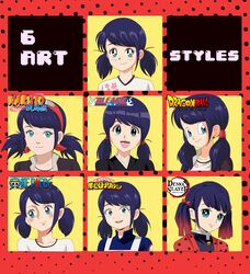  1990s_(style) :d animification black_hair black_jacket bleach blue_eyes blue_hair blush boku_no_hero_academia brenni_murasaki closed_mouth commentary copyright_name dark_blue_hair dragon_ball earrings english_commentary english_text female gotouge_koyoharu_(style) gradient_hair hair_ornament hairband head_tilt headband highres horikoshi_kouhei_(style) jacket japanese_clothes jewelry kimetsu_no_yaiba kimono kishimoto_masashi_(style) kubo_tite_(style) logo looking_at_viewer looking_to_the_side marinette_dupain-cheng meme miraculous_ladybug multicolored_hair multiple_drawing_challenge multiple_style_parody naruto naruto_(series) oda_eiichirou_(style) one_piece open_mouth parody polka_dot polka_dot_background polka_dot_jacket polka_dot_kimono red_hair red_hairband red_headband red_ribbon retro_artstyle ribbon shirt short_twintails smile stud_earrings style_parody toriyama_akira_(style) twintails u.a._gym_uniform uniform white_shirt 