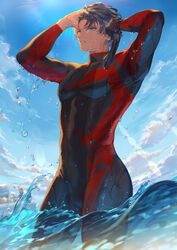  1boy arms_up bartholomew_roberts_(fate) bartholomew_roberts_(greatest_ocean)_(fate) black_bodysuit black_gloves black_hair blue_eyes bodysuit commentary cowboy_shot day diving_suit fate/grand_order fate_(series) from_below gloves hand_in_own_hair highres holding holding_clothes holding_gloves looking_at_viewer looking_down male_focus mashuu_(neko_no_oyashiro) multicolored_bodysuit multicolored_clothes outdoors parted_lips red_bodysuit short_hair skin_tight smile solo swimsuit teeth unworn_gloves wading water water_drop wet wet_hair 