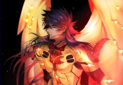  1boy absurdres armor black_background blue_hair breastplate dark-skinned_male dark_blue_hair dark_skin earrings embers fate/grand_order fate_(series) glowing glowing_armor golden_wings gradient_hair highres jewelry long_hair looking_to_the_side male_focus multicolored_hair onasu_(sawagani) open_mouth purple_hair red_eyes revision romulus_quirinus_(fate) simple_background solo upper_body very_long_hair wings 