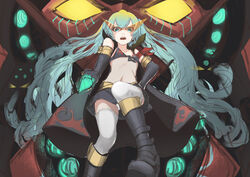  absurdres aqua_eyes aqua_hair armband atk7 bad_id bad_pixiv_id black_footwear black_gloves boots collarbone commentary drill elbow_gloves female gloves glowing glowing_eyes hair_between_eyes hatsune_miku highres long_hair navel open_mouth orange-framed_eyewear photoshop_(medium) teeth tengen_toppa_gurren_lagann thighhighs twintails upper_teeth_only vocaloid white_legwear yellow_eyes 