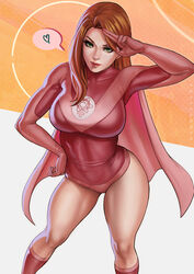  artist_name atom atom_eve bodysuit breasts cape covered_collarbone dandon_fuga english_commentary female green_eyes hand_on_own_hip heart highres invincible_(series) kneehighs large_breasts long_hair orange_hair pink_bodysuit pink_cape salute socks solo spoken_heart superhero_costume thighs two-finger_salute venus_symbol 