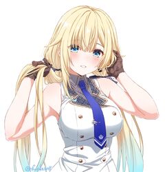  absurdres aizawa_ema aizawa_ema_(2nd_costume) armpits bare_shoulders black_gloves blonde_hair blue_eyes blue_hair blue_necktie blush breasts cat_earrings earrings female fuusuke_(fusuke208) gloves gradient_hair hair_flaps hair_ribbon hand_in_own_hair hands_in_hair highres holding holding_own_hair jewelry large_breasts long_hair looking_at_viewer low_twintails multicolored_hair necktie necktie_overhang official_alternate_costume open_mouth ribbon sheer_gloves simple_background single_earring sleeveless smile solo teeth twintails twitter_username upper_body virtual_youtuber vspo! white_background 