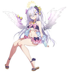  absurdres angel_wings azusa_(blue_archive) azusa_(swimsuit)_(blue_archive) bare_legs bare_shoulders bead_necklace beads bikini bikini_skirt blue_archive blue_jacket blush bow bow_on_wing closed_mouth clothes_down commentary crossed_bangs deatheach feathers female flower food-themed_hair_ornament full_body grey_hair groin hair_between_eyes hair_flower hair_ornament hairbow halo hand_up highres invisible_chair jacket jewelry knees_together_feet_apart legs long_hair looking_at_viewer navel necklace official_alternate_costume open_clothes open_jacket orange_hair_ornament pink_bikini pink_eyes purple_bow purple_flower retro_artstyle sandals simple_background sitting solo stomach strapless strapless_bikini swimsuit very_long_hair watermelon_hair_ornament white_background white_wings wings yellow_bow 