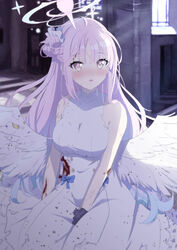  bare_arms bare_shoulders between_legs blood blood_on_clothes blue_archive blue_bow blue_flower blue_hair blurry blurry_background blush bow breasts brown_eyes commentary_request depth_of_field dress feathered_wings female flower gradient_hair hair_bun hair_flower hair_ornament halo hand_between_legs highres indoors long_hair low_wings medium_breasts mika_(blue_archive) multicolored_hair parted_bangs pink_hair pink_halo single_side_bun sleeveless sleeveless_dress solo synn032 very_long_hair white_dress white_wings wings 