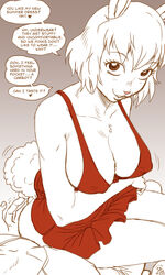  1boy animal_ears animal_nose body_fur breast_hold breasts brown_eyes carrot_(one_piece) cleavage commentary covered_nipples dress english_commentary english_text euphemism female furry furry_female highres large_breasts legs_together microdress no_bra no_panties one_piece plunging_neckline pov rabbit_ears rabbit_girl rabbit_tail red_dress short_hair signature sitting sitting_on_lap sitting_on_person solo_focus speech_bubble spidu spot_color tail teasing 