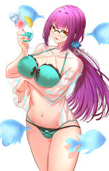  bare_shoulders bikini black_bikini breasts cleavage collarbone cup drinking_glass fate/grand_order fate_(series) female green_bikini hair_between_eyes highres large_breasts long_hair long_sleeves looking_at_viewer navel off_shoulder open_clothes open_mouth open_shirt oursong_(kiam_pis) purple_hair red_eyes scathach_(fate) scathach_skadi_(fate) scathach_skadi_(swimsuit_ruler)_(fate) scathach_skadi_(swimsuit_ruler)_(final_ascension)_(fate) see-through smile solo swimsuit thighs two-tone_bikini 