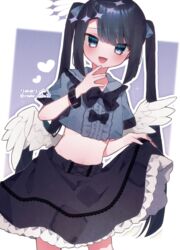  1boy :d angel_wings black_hair blue_eyes blush bow bowtie bracelet center_frills crop_top eringikinono feathered_wings frilled_shirt_collar frilled_skirt frills hair_ribbon halo hand_on_own_chin highres jewelry long_hair low_wings male_focus narrowed_eyes navel open_mouth original otoko_no_ko ribbon short_sleeves skirt skirt_hold smile smug solo twintails very_long_hair wings wrist_belt 