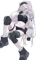  absurdres animal_ears arknights aurora_(arknights) aurora_(elite_ii)_(arknights) bear_ears black_gloves black_hairband black_shirt black_shorts blue_eyes boots breasts cleavage commentary crop_top female gloves hair_over_one_eye hairband highres infection_monitor_(arknights) kohaku_sogo large_breasts long_hair long_sleeves looking_at_viewer midriff navel shirt short_shorts shorts shrug_(clothing) simple_background sitting solo stomach thigh_strap thighs very_long_hair white_background white_hair 