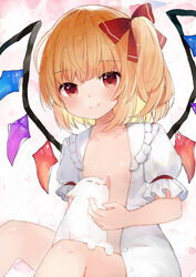  absurdres animal blonde_hair blunt_bangs blush bow breasts closed_mouth commentary crystal feet_out_of_frame feline female flandre_scarlet frilled_shirt_collar frills hairbow highres looking_at_viewer niseneko_(mofumofu_ga_ienai) no_headwear one_side_up open_clothes open_shirt petting puffy_short_sleeves puffy_sleeves red_bow red_eyes shirt short_hair short_sleeves simple_background sitting small_breasts smile solo touhou white_background white_shirt wings 