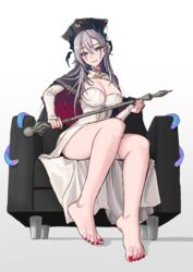  absurdres armchair bandage_on_thigh barefoot black_cape black_hat blue_eyes breasts bridal_gauntlets cane cape chair cleavage cleavage_cutout clothing_cutout dress feet female full_body grey_hair hair_between_eyes hat head_wings highres holding holding_cane indie_virtual_youtuber kuon_bb large_breasts legs long_hair looking_at_viewer mole mole_under_eye nail_polish on_chair pochimaru_(vtuber) pochimaru_(vtuber)_(4th_costume) red_nails sitting solo teardrop_facial_mark tentacle_hair toenail_polish toenails toes virtual_youtuber white_bridal_gauntlets white_dress wings 