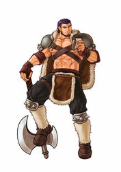  1boy abs armor axe bara beard biceps cape facial_hair fire_emblem fire_emblem:_path_of_radiance full_body gloves highres holding large_pectorals largo_(fire_emblem) leg_up male_focus mature_male muscular muscular_male navel nipple_slip nipples pauldrons pectorals pelvic_curtain planted purple_hair shoulder_armor simple_background smile solo thick_eyebrows topless_male weapon white_background zelo-lee 