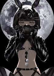  adjusting_mask animal_ears belt bikini black_hair black_theme blunt_bangs bob_cut commentary crescent_moon female flat_chest full_moon garter_belt gibbous_moon gloves half_moon highres jitome lam_(ramdayo) looking_at_viewer mask moon moon_phases navel night o-ring o-ring_bikini original pale_skin personification short_hair shrug_(clothing) solo straight-on swimsuit symmetrical_pose symmetry 