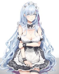  absurdres alternate_hair_length alternate_hairstyle blue_eyes blue_hair bow breasts cleavage commentary_request female flower hair_flower hair_ornament hair_ribbon hairband hairbow highres lielac long_hair looking_at_viewer maid photoshop_(medium) re:zero_kara_hajimeru_isekai_seikatsu rem_(re:zero) ribbon roswaal_mansion_maid_uniform simple_background smile solo very_long_hair white_background 