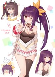  absurdres ahoge arrow_(symbol) asymmetrical_legwear azur_lane bare_shoulders beige_sweater bell black_camisole black_hair black_legwear black_panties blowing_kiss blunt_bangs blush blush_stickers breasts brown_eyes brown_hair camisole cleavage collarbone commentary_request cowboy_shot female ghost hair_between_eyes hair_ornament hair_ribbon highres horns isuzu_(azur_lane) isuzu_(cozy_christmas_eve)_(azur_lane) isuzu_(retrofit)_(azur_lane) jingle_bell kneehighs long_hair long_sleeves looking_at_viewer manjuu_(azur_lane) medium_breasts multiple_views notice_lines o_o off-shoulder_sweater off_shoulder open_mouth oversized_clothes panties parted_lips ribbon shirt side-tie_peek side_ponytail sidelocks simple_background single_kneehigh single_sock single_thighhigh skindentation sleeves_past_wrists smile socks standing strap_slip sweater t@ke-g thighhighs underwear uneven_legwear white_background 