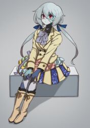  blush boots closed_mouth female full_body grey_background grey_hair hair_ribbon hands_on_own_knees highres jacket konno_junko long_hair long_sleeves medium_skirt patchwork_skin red_eyes ribbon simple_background sitting skirt solo somasoutaro stitched_face stitches twintails zombie zombie_land_saga 