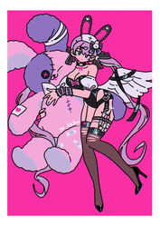  :o absurdres angel_wings animal_ears breasts choker cleavage detached_sleeves ear_piercing earrings fake_animal_ears female hair_ornament hair_ribbon hairclip high_heels highres holding holding_stuffed_toy jewelry leotard long_hair nail_polish nurse original piercing pink_background playboy_bunny puffy_short_sleeves puffy_sleeves purple_eyes purple_hair purple_nails rabbit_ears ribbon ryo00123 short_sleeves single_earring solo strapless strapless_leotard stuffed_animal stuffed_toy syringe thigh_strap thighhighs twintails very_long_hair wings wrist_cuffs 