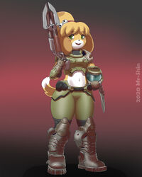  2020 4:5 animal_crossing anthro armor blonde_hair blush blush_stickers canid canine canis crossover digital_media_(artwork) dipstick_tail domestic_dog doom_(series) female green_eyes gun hair headgear helmet hi_res holding_gun holding_object holding_ranged_weapon holding_weapon id_software isabelle_(animal_crossing) mammal markings microsoft mr-shin multicolored_tail navel nintendo open_mouth open_smile ranged_weapon shih_tzu shotgun smile solo tail tail_markings teeth thick_thighs toy_dog weapon wide_hips 