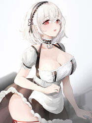  absurdres azur_lane breasts choker cleavage commentary_request dress female hairband highres large_breasts lielac looking_at_viewer maid open_mouth photoshop_(medium) red_eyes short_hair simple_background sirius_(azur_lane) solo tight_clothes white_background white_hair 