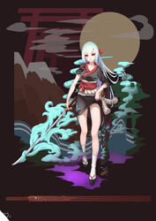  absurdres atk7 bad_id bad_pixiv_id belt black_sclera blush closed_mouth collarbone colored_sclera commentary female fingernails footprints gradient_hair grass highres holding holding_sword holding_weapon japanese_clothes katana light_blush long_hair mountain multicolored_hair original photoshop_(medium) red_eyes rope_belt short_eyebrows sleeves_rolled_up smoke solo sword torii walking weapon 