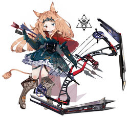  animal_ears archetto_(arknights) arknights arrow_(projectile) blue_eyes boots bow_(weapon) brown_footwear compound_bow dress female green_dress heterochromia highres holding holding_bow_(weapon) holding_weapon looking_at_viewer open_mouth quiver red_eyes ryu_(17569823) simple_background solo tail thigh_strap tiara weapon white_background 