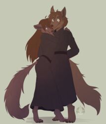  2020 anthro barefoot biped brother_(lore) brother_and_sister_(lore) brown_body brown_fur brown_hair brown_pawpads brown_tail canid canine canis cheek_tuft claws clothed clothing digital_media_(artwork) digitigrade duo facial_tuft feet female fully_clothed fur furgonomics hair hi_res hug keidran long_hair looking_at_another male mammal natani pawpads sibling_(lore) simple_background sister_(lore) smile tail toe_claws toony trans_(lore) trans_man_(lore) tuft twokinds wanderertamplior wolf zen_(twokinds) 