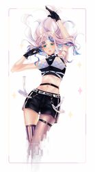  absurdres crop_top female fishnets gloves highres hololive hololive_indonesia long_hair looking_at_viewer multicolored_hair navel official_alternate_costume open_mouth pavolia_reine pavolia_reine_(streetwear) sleeveless virtual_youtuber yuzukyuu 