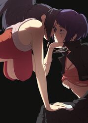  2girls arm_support audio_jack black_background black_hair black_jacket black_pants blunt_bangs boku_no_hero_academia breasts covered_nipples cropped_jacket earplugs eye_contact facial_mark grabbing_own_breast hair_pulled_back hand_on_own_chest hanging_breasts high_ponytail highres holding_hands imminent_kiss interlocked_fingers jacket jirou_kyouka kuroneko_pantsu large_breasts long_earlobes looking_at_another multiple_girls pants ponytail purple_hair red_tank_top short_hair sidelocks sitting tank_top yaoyorozu_momo yuri 