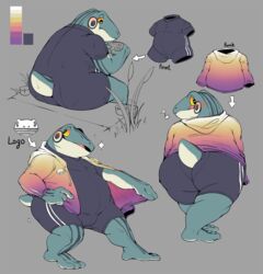  2020 amphibian anthro ass athletic_wear belly big_butt blush cattail_(plant) clothing countershading froen_(zi_ran) frog front_view grass handheld handheld_console hi_res jacket looking_back male nub_tail plant rear_view simple_background slightly_chubby solo topwear wetsuit zi_ran 