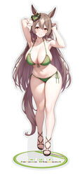  absurdres acrylic_stand_(object) animal_ears armpits arms_up bare_legs bare_shoulders bikini breasts brown_eyes brown_hair character_name collarbone commentary_request curvy ear_ornament feet female front-tie_bikini_top front-tie_top full_body green_bikini highres horse_ears horse_girl huge_breasts kannko_bokujou legs long_hair looking_at_viewer navel sandals satono_diamond_(umamusume) side-tie_bikini_bottom smile solo standing swimsuit thighs toeless_footwear toenails toes umamusume very_long_hair 