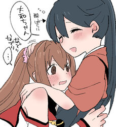  2girls bad_id bad_twitter_id black_hair brown_hair cherry_blossoms closed_eyes commentary_request detached_sleeves drunk flower hair_flower hair_ornament headpat houshou_(kancolle) hug japanese_clothes kantai_collection kimono long_hair multiple_girls open_mouth pink_kimono ponytail smile tasuki translated upper_body yamato_(kancolle) yoichi_(umagoya) 