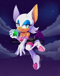  2019 anthro bat blue_eyes breasts cleavage clothed clothing cloud diamond_(gem) eyeshadow female flying footwear gem gloves half-closed_eyes handwear hi_res hikariviny holding_object lipstick makeup mammal membrane_(anatomy) membranous_wings narrowed_eyes night rouge_the_bat sega smile solo sonic_the_hedgehog_(series) text url wings 