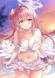  alternate_costume angel_wings bikini blue_archive breasts cameltoe cleavage closed_mouth collarbone commentary_request evening feathered_wings female flower frilled_ribbon frills gradient_hair hair_bun hair_flower hair_ornament hair_ribbon halo large_breasts leaning_forward long_hair looking_at_viewer low_wings mika_(blue_archive) multicolored_hair navel ocean orange_sky pink_hair pink_halo purple_scrunchie purple_sky ribbon rikatan scrunchie single_side_bun skirt sky smile solo star_(sky) starry_sky starry_sky_print stomach sunset swimsuit thighs tree twilight very_long_hair white_bikini white_ribbon white_skirt white_wings wings wrist_scrunchie yellow_eyes 