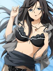  black_bra black_hair black_panties blue_eyes bow bow_panties bra breasts cleavage clothes_lift earrings el_cazador_de_la_bruja female highres jewelry jody_hayward large_breasts lingerie long_hair lying midriff necklace non-web_source open_clothes open_mouth open_shirt panties panties_under_pantyhose pantyhose pencil_skirt saipaco shirt side-tie_panties skirt skirt_lift solo strap_slip underboob underwear undressing 