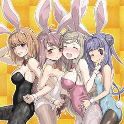  4girls animal_ears blonde_hair blunt_bangs blush bow bowtie braid breasts detached_collar fake_animal_ears fake_tail fishnet_pantyhose fishnet_thighhighs fishnets flower hair_bun hair_flower hair_ornament highres himuro_lavi kurusu_alexandra leotard long_hair magia_record:_mahou_shoujo_madoka_magica_gaiden mahou_shoujo_madoka_magica miura_asahi multiple_girls one_eye_closed open_mouth orange_hair pantyhose pink_hair playboy_bunny purple_eyes purple_hair rabbit_ears rabbit_tail short_hair sidelocks strapless strapless_leotard tail thighhighs twin_braids wrist_cuffs you2 yume_urara 