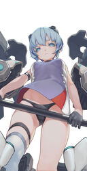  alice_gear_aegis armband atk7 bad_id bad_pixiv_id black_gloves blue_eyes blue_hair chinese_commentary closed_mouth commentary female gloves half_gloves headgear highres holding looking_at_viewer looking_down mecha_musume nina_kalinina photoshop_(medium) short_hair simple_background solo thigh_strap white_background 