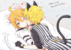  2boys ahoge animal_ears bed black_gloves blonde_hair blush cat_day cat_ears cat_tail closed_eyes commentary_request dual_persona gloves green_eyes green_nails hands_on_another&#039;s_shoulders heart holy_lancer_(module) hooded_shirt kagamine_len licking licking_another&#039;s_face looking_at_another lying lying_on_person male_focus multiple_boys nail_polish on_back on_bed one_eye_closed orange_hair paw_print project_diva_(series) selfcest shirt striped_clothes striped_shirt sudachi_(calendar) tail vocaloid white_edge_(module) white_shirt yaoi 