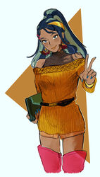  alternate_costume alternate_hairstyle aqua_hair belt blue_eyes blue_hair blue_nails blush boots bracelet dark-skinned_female dark_skin ear_piercing earrings eyeshadow female hair_ornament hairclip high_collar highres holding jewelry kazumuraw lipstick long_hair makeup multicolored_hair nail_polish nessa_(pokemon) off-shoulder_shirt off_shoulder orange_lips piercing pokemon pokemon_swsh ponytail shirt shorts smile solo thigh_boots thighhighs v women&#039;s_wallet 