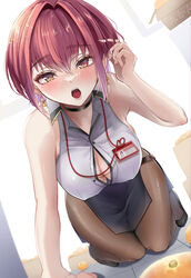  arm_support belt black_choker blush breasts brown_belt button_gap choker earrings female heterochromia high-waist_skirt highres hinoki_kahun0 holding_own_hair hololive houshou_marine houshou_marine_(businesswoman) id_card jewelry kneeling large_breasts looking_at_viewer no_bra official_alternate_costume official_alternate_hair_length official_alternate_hairstyle open_mouth pantyhose partially_unbuttoned red_eyes red_hair shirt short_hair skirt sleeveless sleeveless_shirt solo virtual_youtuber yellow_eyes 