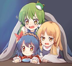  3girls autumn_leaves blonde_hair blue_eyes blue_hair frog_hair_ornament green_hair hair_ornament highres kochiya_sanae leaf_hair_ornament long_hair long_sleeves mirror moriya_suwako multiple_girls purple_vest red_eyes rope shimenawa short_hair snake tatuhiro touhou turtleneck vest wide_sleeves yasaka_kanako yellow_eyes 