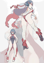  absurdres ass atk7 bad_id bad_pixiv_id bandaged_arm bandaged_hand bandages bare_shoulders black_hair black_leotard blue_eyes cape chinese_commentary closed_mouth commentary female hands_on_own_hips high_heels highres leotard mask medium_hair multiple_views original photoshop_(medium) red_cape red_footwear short_eyebrows smile standing star_(symbol) star_print superhero_costume thighhighs torn_cape torn_clothes turtleneck white_thighhighs zoom_layer 