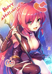  bad_id bad_pixiv_id breasts brown_eyes choker cleavage elbow_gloves female gloves halloween highres kousaka_tamaki lantern large_breasts long_hair long_sleeves nakajima_kotoko navel open_mouth red_hair single_thighhigh sleeveless solo staff thighhighs to_heart_(series) to_heart_2 trick_or_treat 