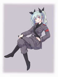  anchovy_(girls_und_panzer) anzio_military_uniform belt black_belt black_footwear black_necktie black_ribbon black_shirt boots closed_mouth commentary crossed_legs dress_shirt drill_hair female girls_und_panzer green_hair grey_background grey_jacket grey_pants hair_ribbon hand_on_own_hip holding holding_riding_crop invisible_chair jacket katakori_sugita knee_boots long_hair long_sleeves looking_at_viewer military military_uniform necktie pants pants_tucked_in red_eyes ribbon riding_crop sam_browne_belt shirt sitting smile solo twin_drills twintails uniform wing_collar 