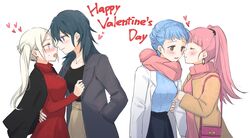  4girls alternate_costume alternate_universe blue_hair blush byleth_(female)_(fire_emblem) byleth_(fire_emblem) closed_eyes commentary contemporary couple dark_green_hair edelgard_von_hresvelg english_text fire_emblem fire_emblem:_three_houses fukuroumori highres hilda_valentine_goneril imminent_kiss marianne_von_edmund multiple_girls pink_hair valentine white_hair yuri 