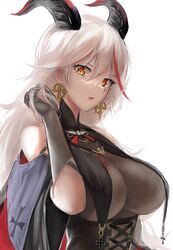  :o adjusting_hair aegir_(azur_lane) azur_lane bare_shoulders breast_curtains breasts cleavage corset cross-laced_clothes earrings halter_top halterneck highres horns jewelry large_breasts looking_at_viewer sauvignon surprised upper_body white_hair yellow_eyes 